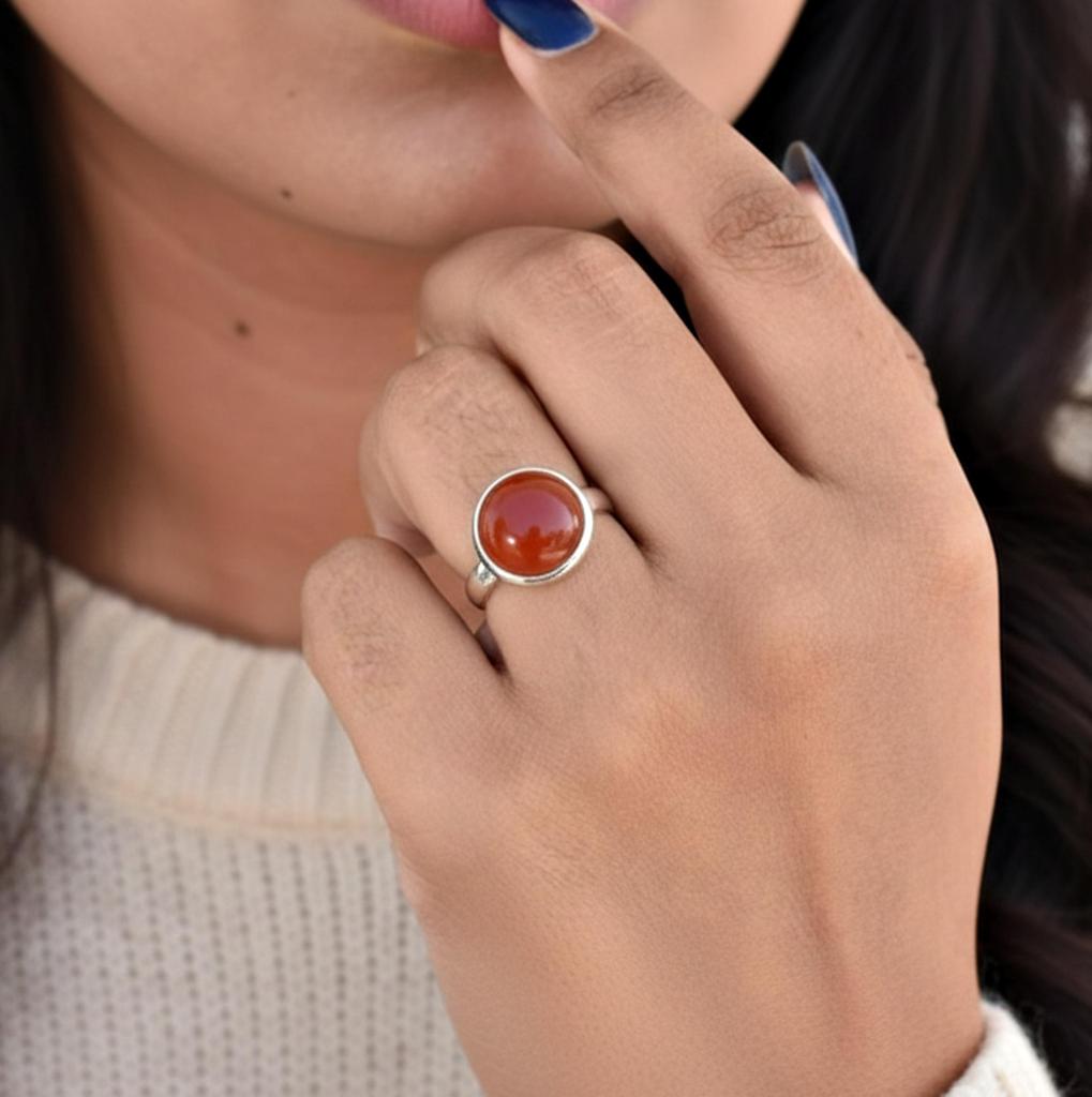 925 Sterling Silver Carnelian Ring, Round Gemstone Bezel Set, Simple Stacking Jewelry