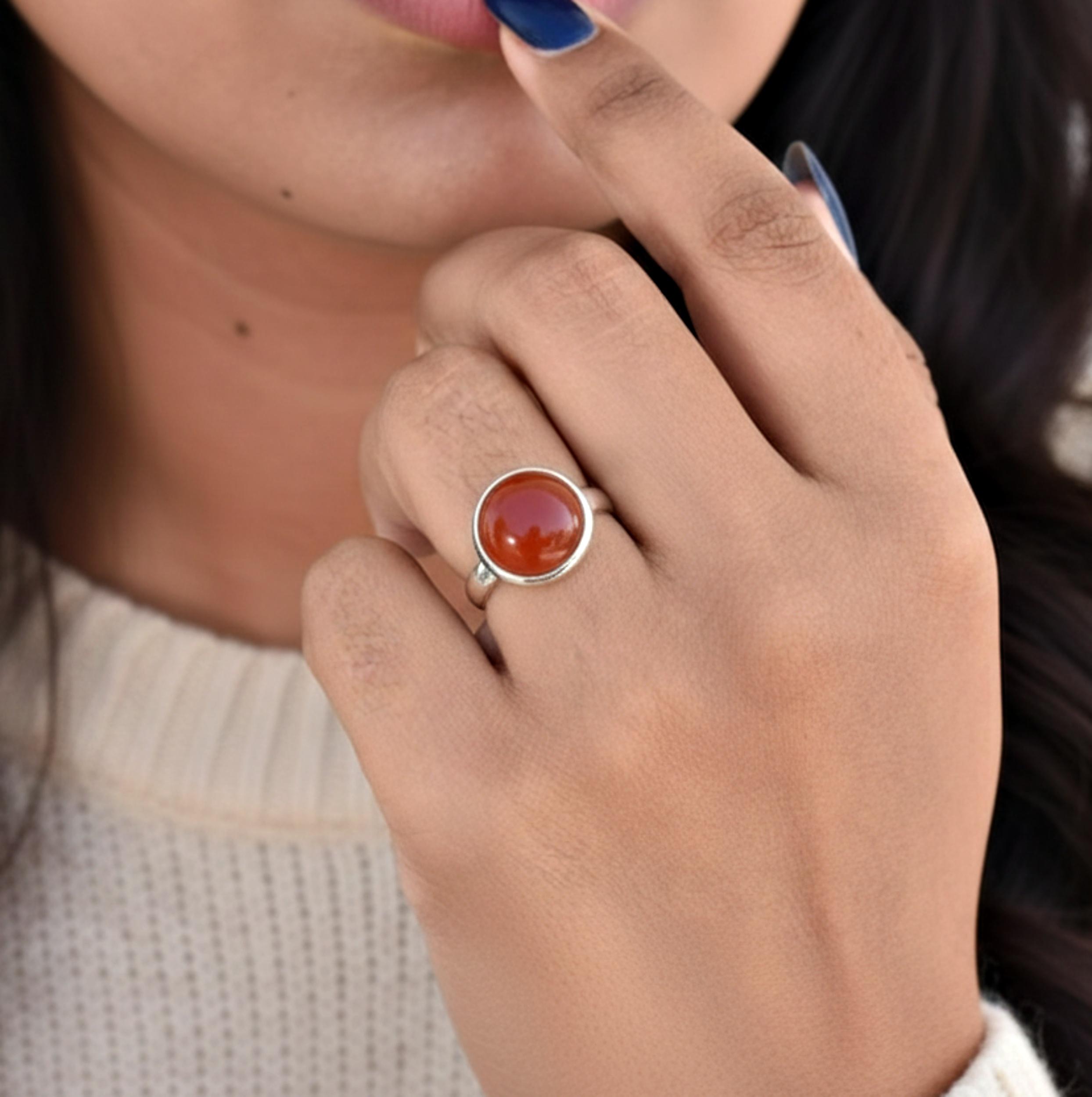 

925 Sterling Silver Carnelian Ring, Round Gemstone Bezel Set, Simple Stacking Jewelry 12 срібний