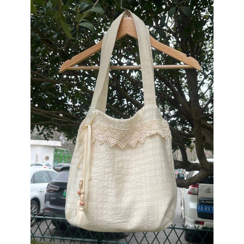 

Кружевная холщовая сумка Mori Artistic Style, женская сумка через плечо в стиле кэжуал, рабочая одежда, дорожная сумка-тоут на каждый день Beige