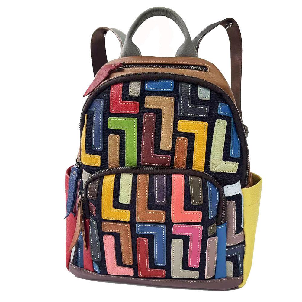 Echtleder Damen Tasche Farbige Rindsleder Patchwork Rucksack Retro Lässiger Rucksack Damen Tasche