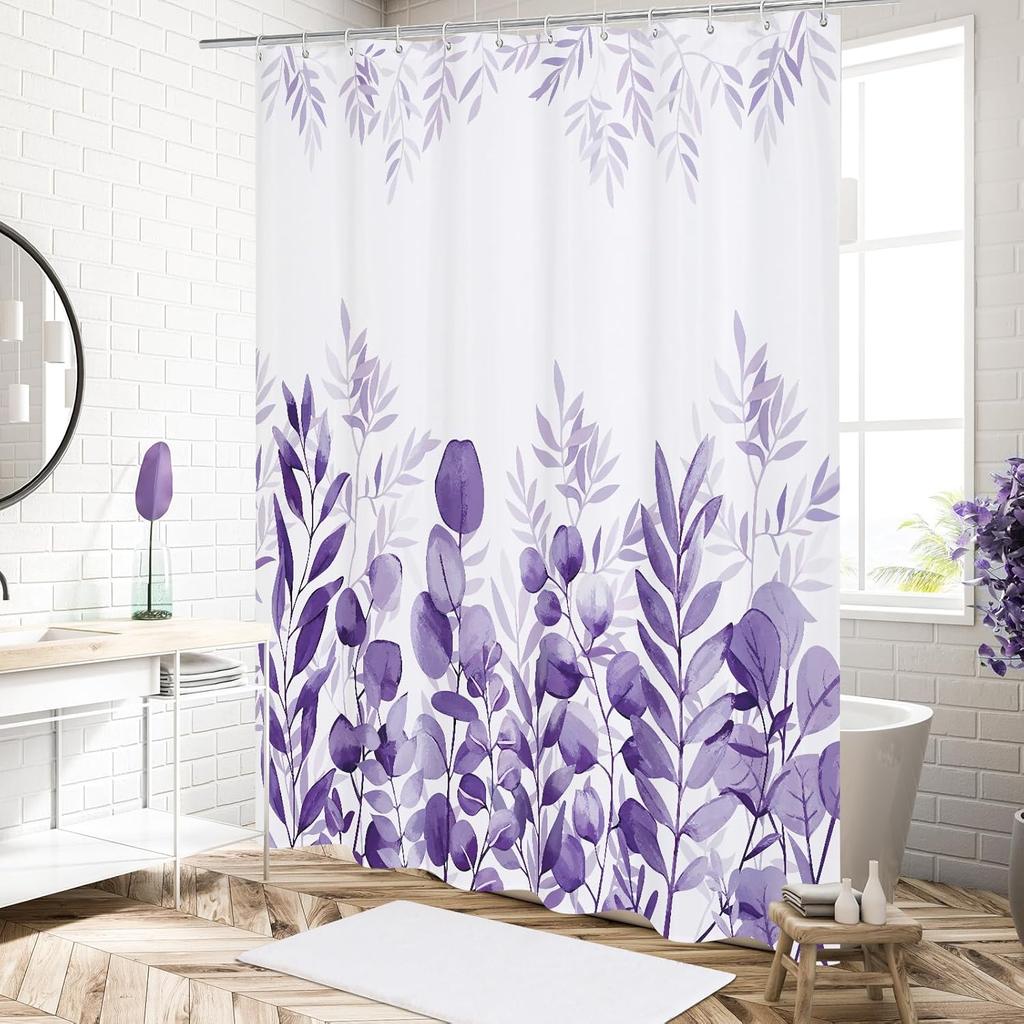 Purple Eucalyptus Shower Curtain, Plant Leaves Fabric Cloth Shower Curtains for Rustic Vintage Bathroom Decor