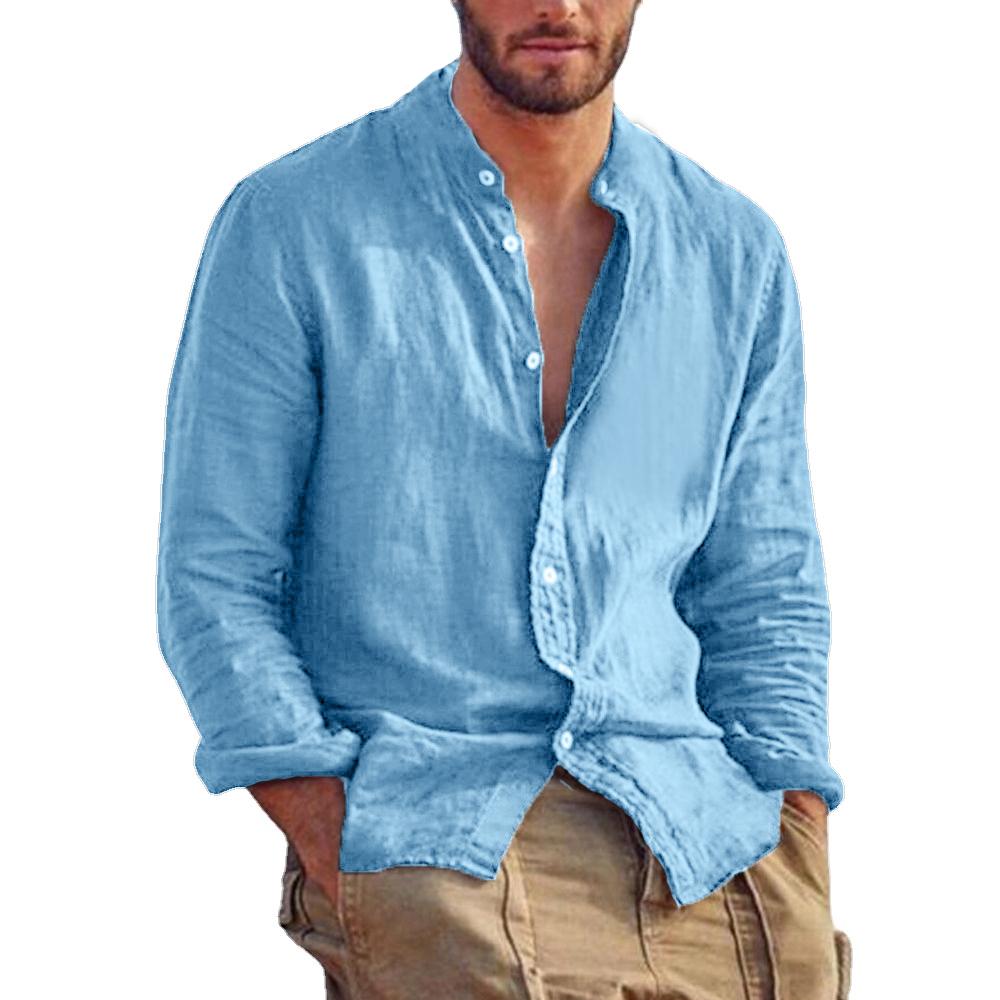Camisa Nueva de Manga Larga para Hombre de Color Sólido Camisas de Lino Algodón Tendencia Talla Grande Cuello Mao Casual Ligera Tops de Playa