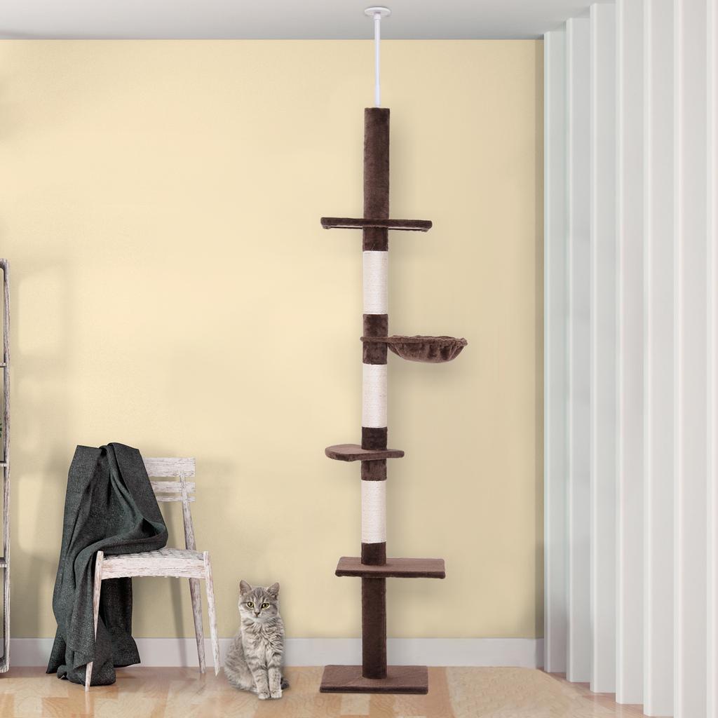 Floor To Ceiling Cat Tree 230-260cm Height Adjustable, 5-Tier Cat Tower with Scratching Posts, Hammock, Perches