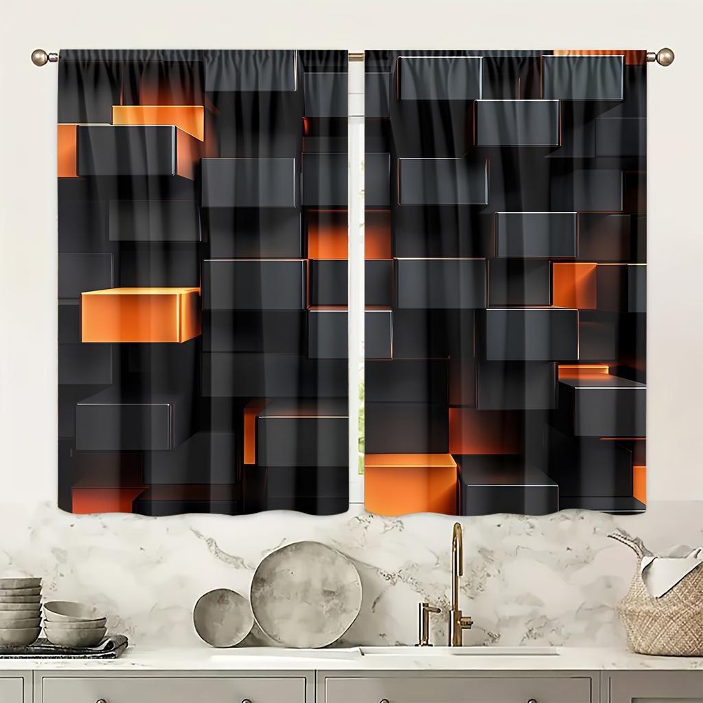 Rideaux filtrant la lumière en polyester 2 pièces Rideaux filtrant la lumière en polyester - Échecs noir et orange numériques haute définition