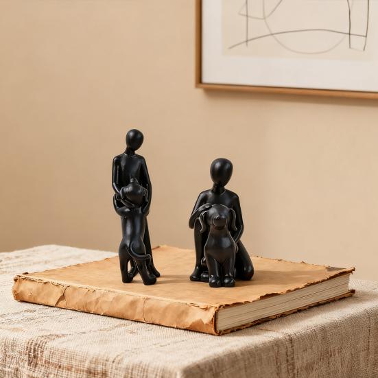 Modern Abstract Man and Dog Statue Desktop Decoration, Resin Pet Lover Gift for Home Office Shelf, Minimalist Human & Puppy Sculpture Figurine for