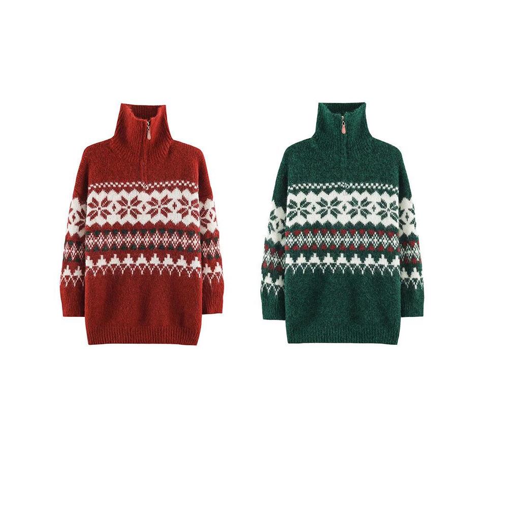 2026 Autumn European & American Christmas Fair Isle Half-Zip High-Neck Knit Sweater