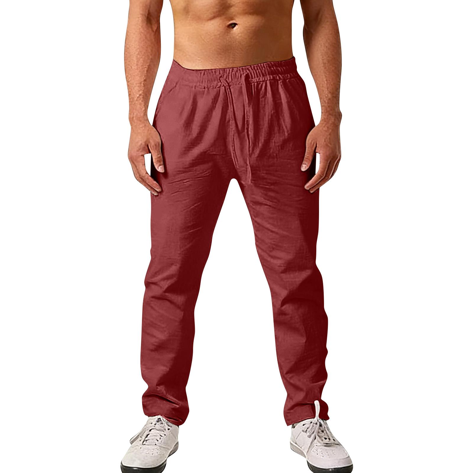 

Men s Linen Drawstring Trousers Casual Sports Straight Leg Trousers M винний