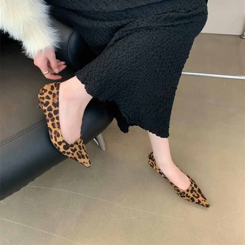 Women's Pumps Leopard Boat Shoes Pointed Toe Slip On Dress Shoes Black Faux Suede Mid Heels Stilettos Female Spring Autumn