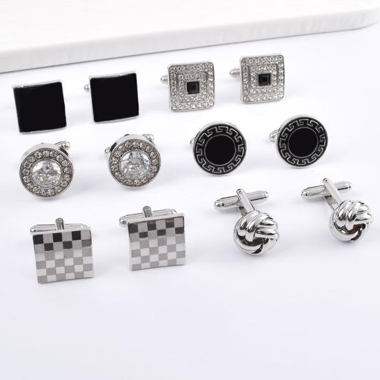 1 Pair Men Cufflinks Polished Smooth Surface Rhinestones Inlaid Rectangle Round Twist Shape Suit Shirt Cufflinks Button Replacement Accessories