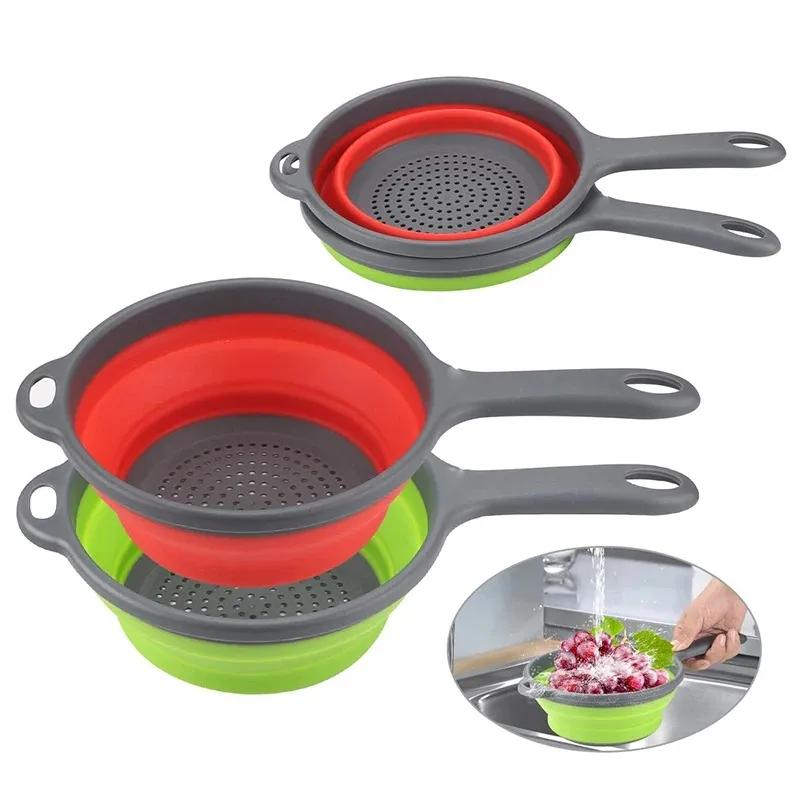 2025 Foldable Silicone Colander Fruit Vegetable Washing Basket Strainer with Handle Strainer Collapsible Drainer Kitchen Tools