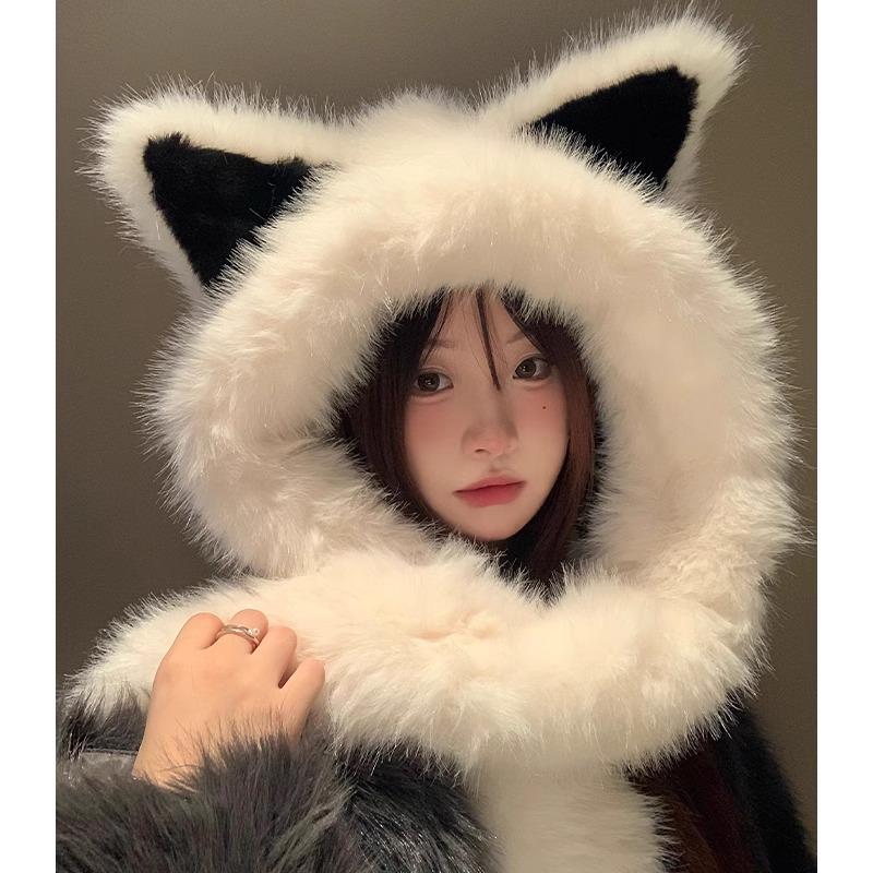 Thickened Plush Fox Ear Hat Scarf All In One Women's Autumn and Winter Cold Proof and Warm Lei Feng Hat Showing Face Small Plush Hat