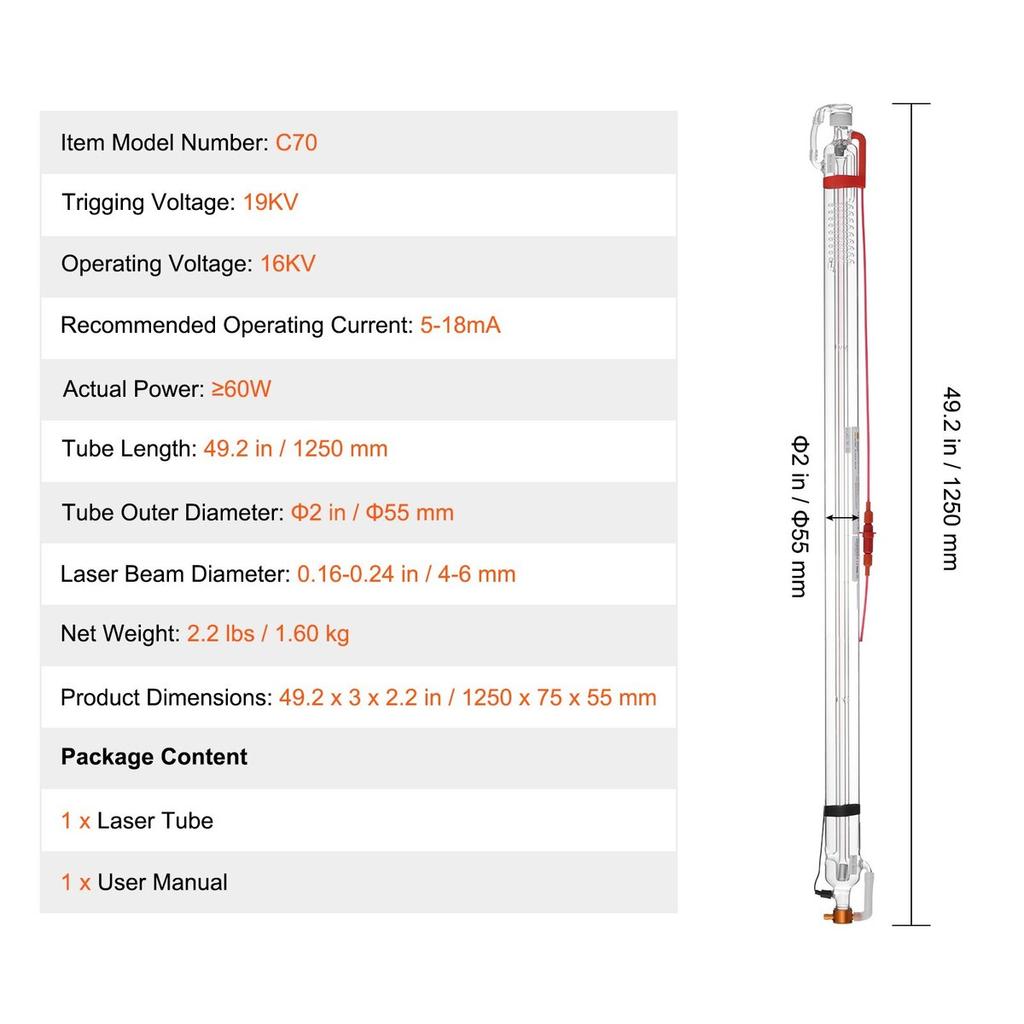 60W CO2 Laser Tube 49.2 In / 1250 Mm Borosilicate Glass Laser Cutter Tube
