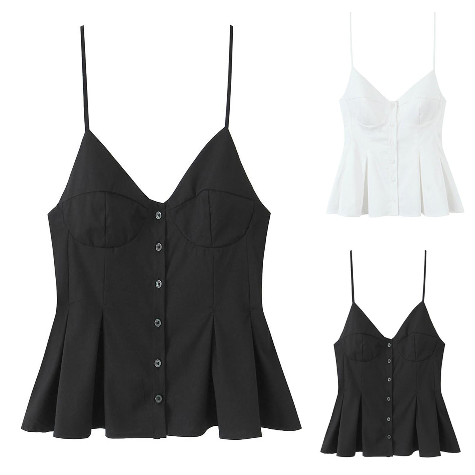 

Women s Fashionable Sexy V Neck Solid Color Suspender Button Short Top L чёрный