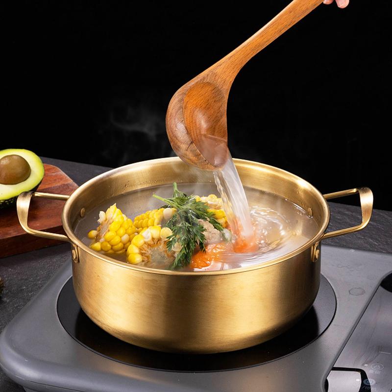 Korean Style Ramen Pot Stainless Steel With Lid Soup Pot Gold Plated Double Ear Hot Pot Camping Cookware