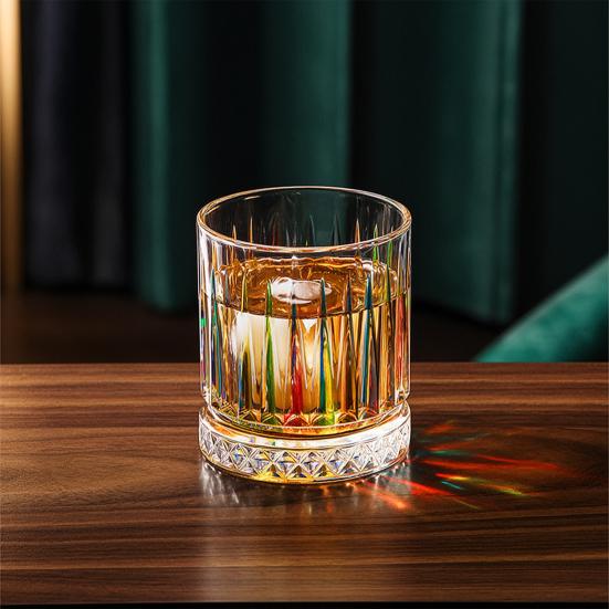 Ručně malovaný barevný skleněný pohár, Pruhovaný gravírovaný whiskey sklenice, Vintage skleničky na alkohol pro domácí bar, párty