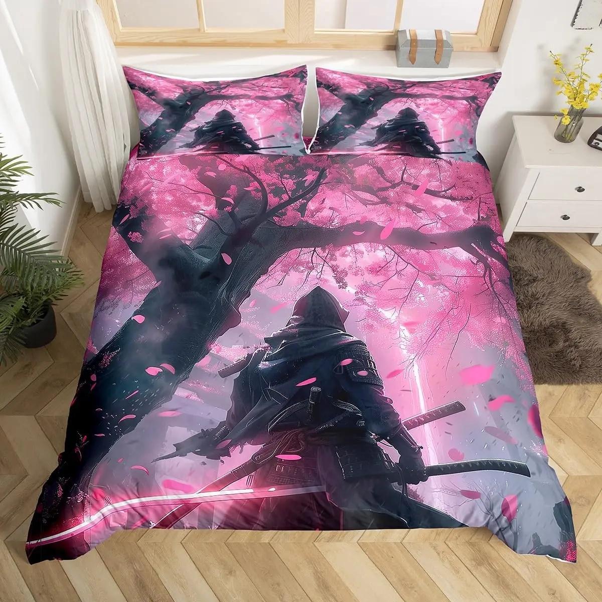 Comforter Japanese Samurai Bedding Set Full Size Cherry Blossoms Comforter Red Sun Hokusai Fuji Mountain Comforter (quilt)-EU Single(135*200cm)3pcs