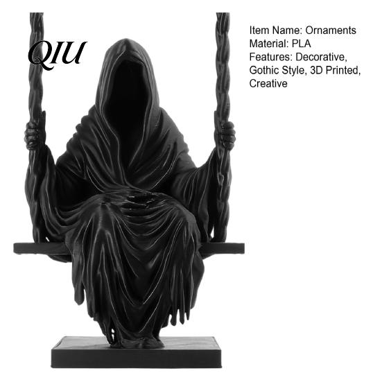 Matte Black Gothic Figure 3D Printed Sitting Reaper Statue, Faceless Man In Robe On Swing Sculpture Figurine, Cloak Ornament, Dark Style Figurine