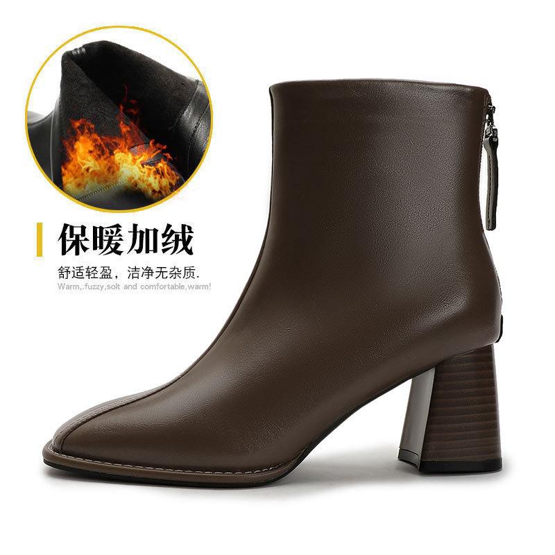 

Сапоги с квадратным носком на высоком каблуке 2024 новые короткие женские весенние и осенние одинарные ботинки с молнией сзади зимние толстые каблуки тонкие средние сапоги 39