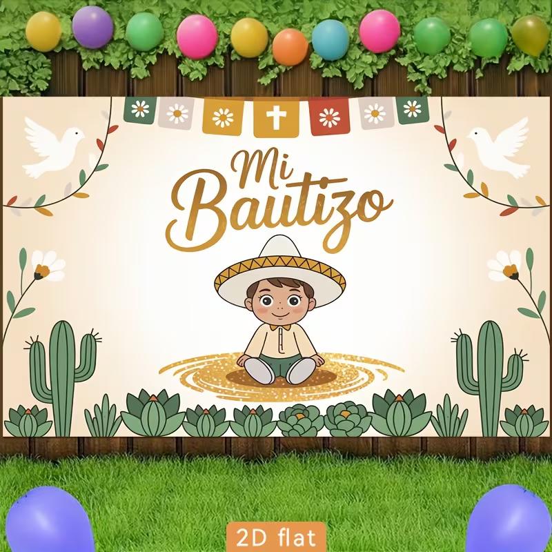2D Mi Bautizo Photography Backdrop, Neutral Beige Cactus and Dove Baptism Background