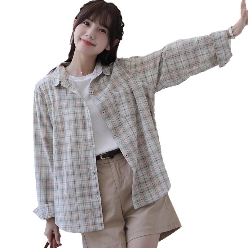Women's Artistic Spring Plaid Shirt: Long Sleeve, Loose Fit, College Style, Age-Reducing, 2026 New Arrival