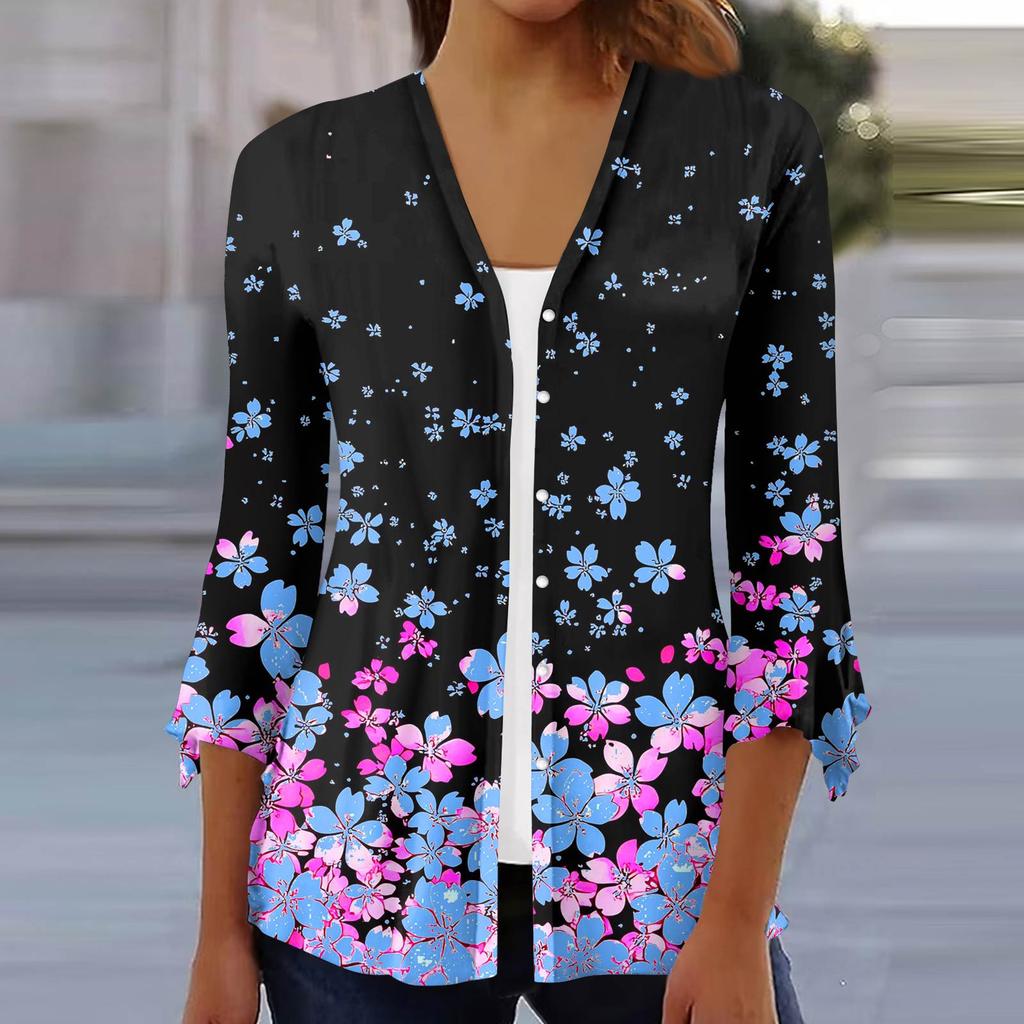 Women's Fashion Loose Casual Printed Seven-Part Sleeve Button Down Blouse Cardigan Top