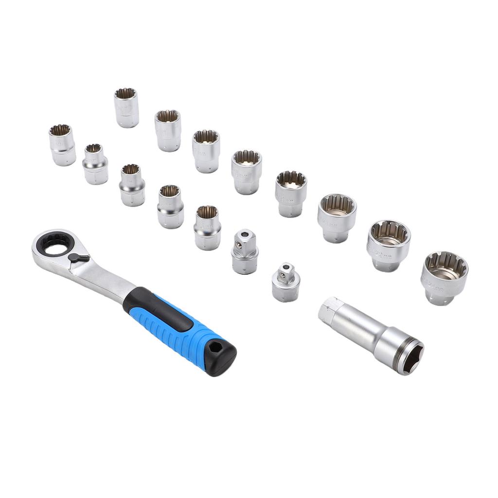 17Pcs Pass Through Socket Set 3 8in 1 2in Drive Metric Sockets with 2 in 1 72 Tooth Ratchet Cr V Steel