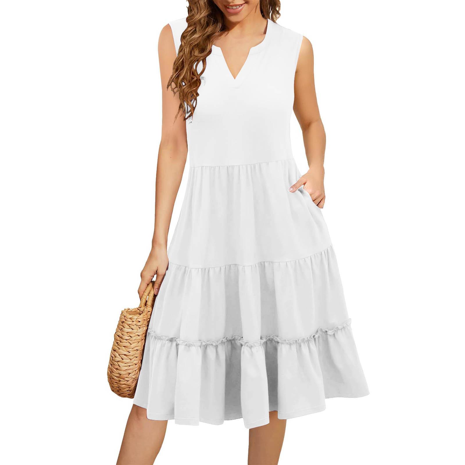 

Женские летние платья Свободные сарафаны без рукавов с V-образным вырезом Платье с карманами S белый