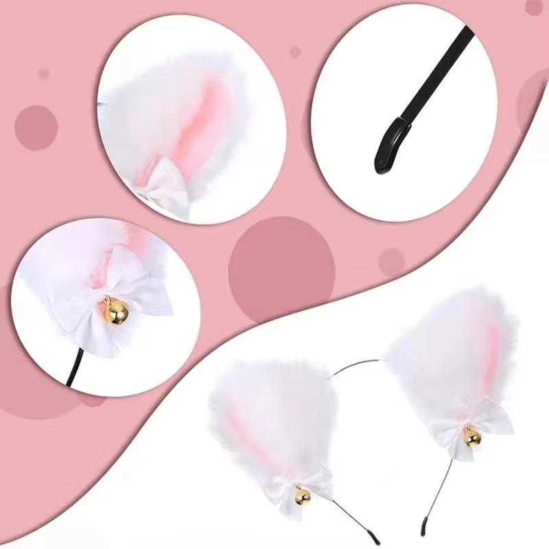 Cute Plush Cat Ear Headband Fashionable Cosplay Bow Bell Cat Ear Headband Lace Bell Necklace Set Women's Party Costume Headwear