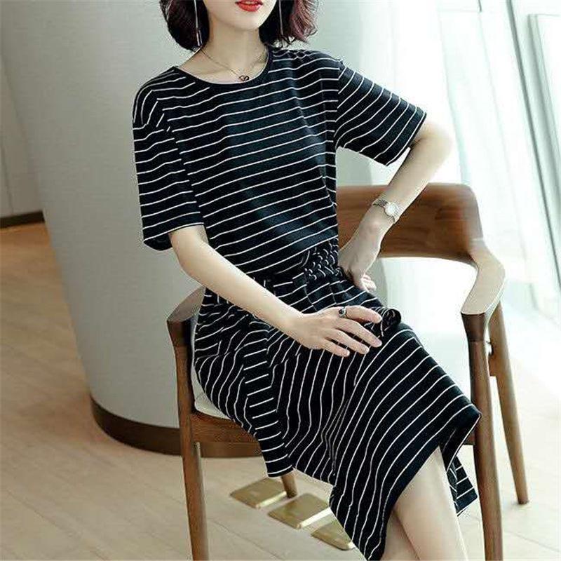 Southeast Asia Plus Size Mid-Length Striped Short Sleeve Waist-Cinching Dress, Korean Style 2026