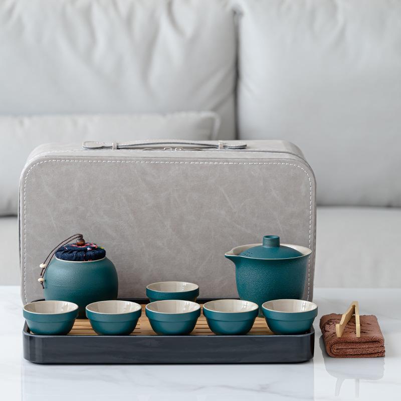Black pottery retro Jiangshan travel tea set, a pot of six cups gift box, business souvenir, outdoor portable ceramics