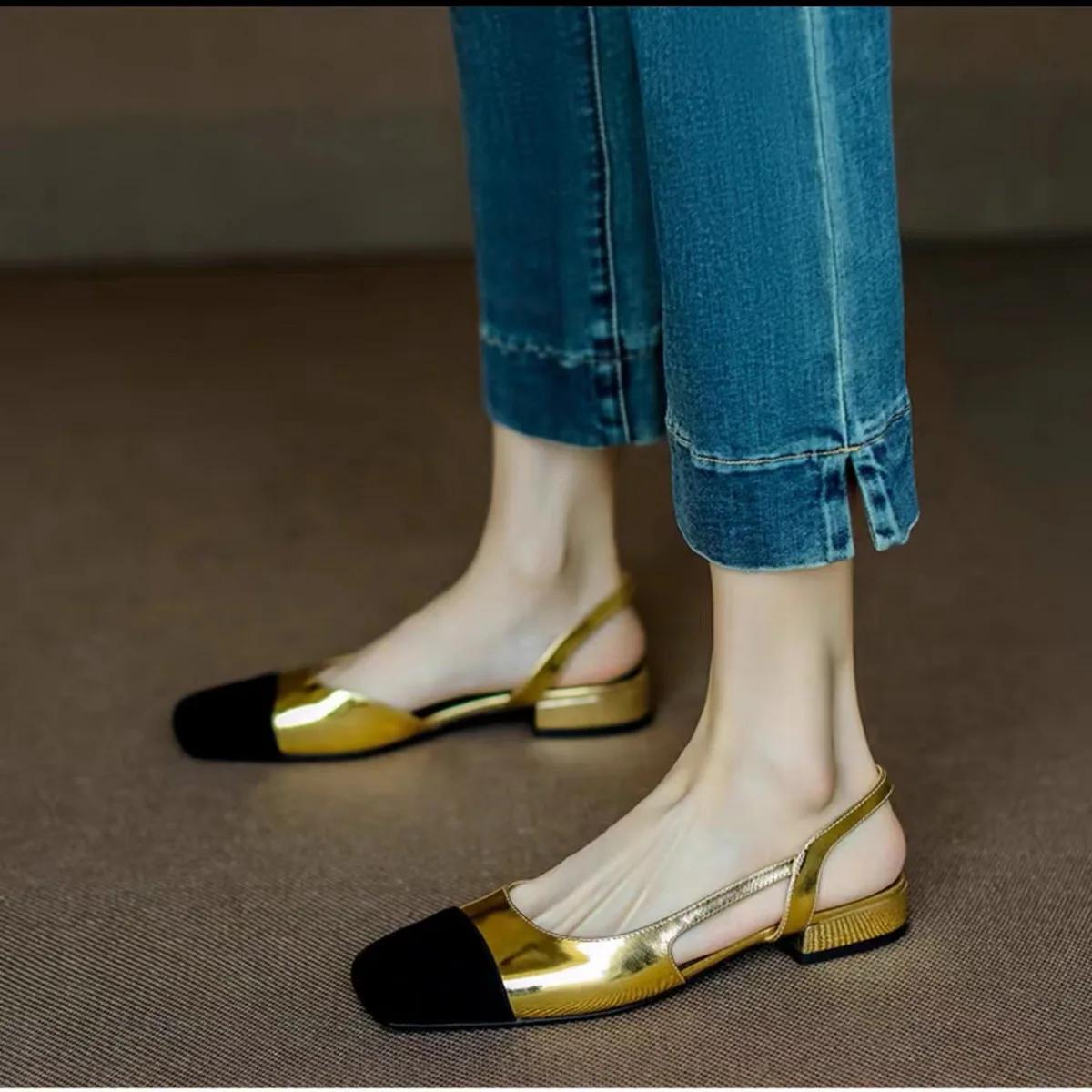 

Французское лето, новые разноцветные сандалии, женские туфли Baotou Slip-On на низком каблуке с открытой пяткой, римские туфли на плоской подошве, золотисто-серебристые 40 золотой