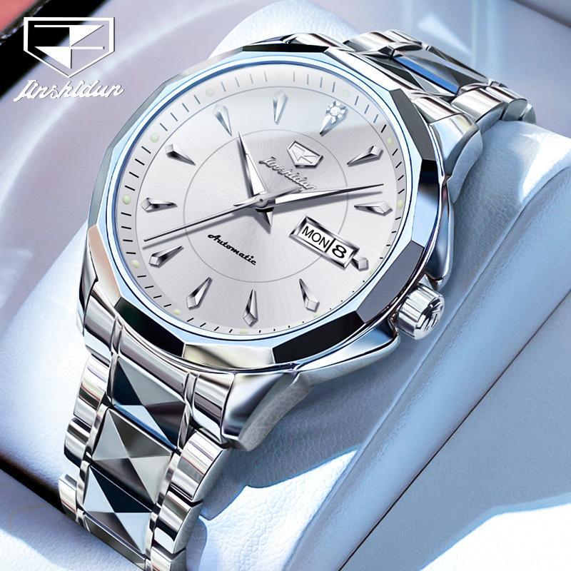 JINSHIDUN New Business and Leisure Men's Watch Automatic Mechanical Watch Tungsten Steel Double Calendar Luminous Waterproof High-end Watch