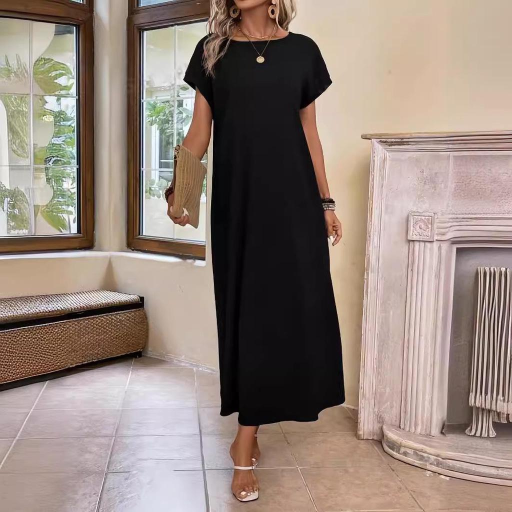 2024 Damen Einfarbig Rundhals Locker Kurzarm Langes Kleid für Frühling & Sommer