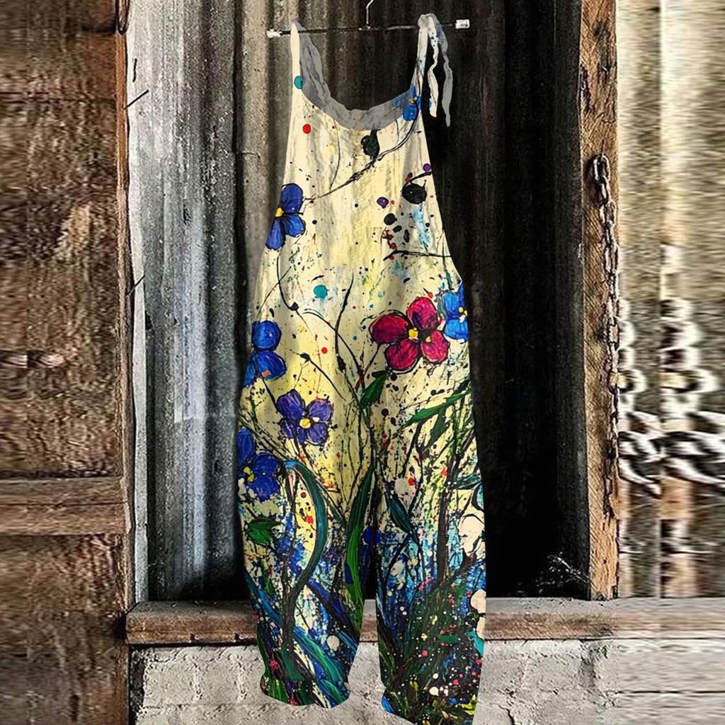 Women's Jumpsuit Floral Print Casual Loose Vintage Shoulder Strap Cotton Linen