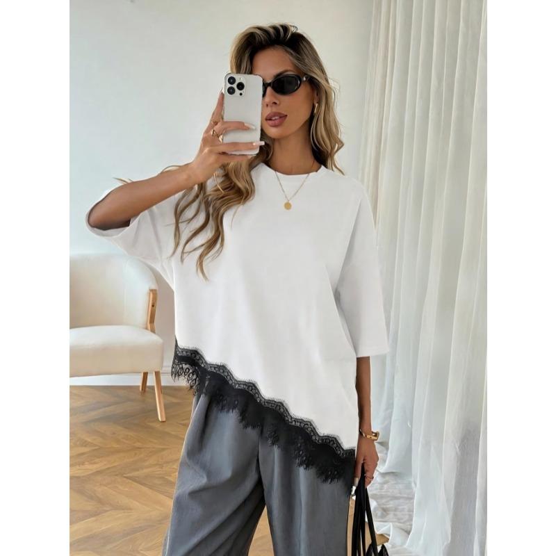 New Slanted Bottom Lace Splicing Short Sleeve T-shirt Sweet Irregular Top for Women Solid O Neck Loose Elegant Fashion Casual Office Blouse Basic Tees