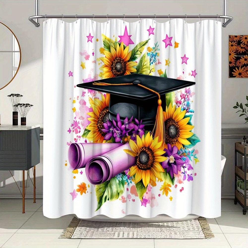 

Graduation Cap & Sunflower Shower Curtain - Vibrant Graduation-Themed Art, Polyester Bathroom Decor W60H190(CM)-1 Pcs