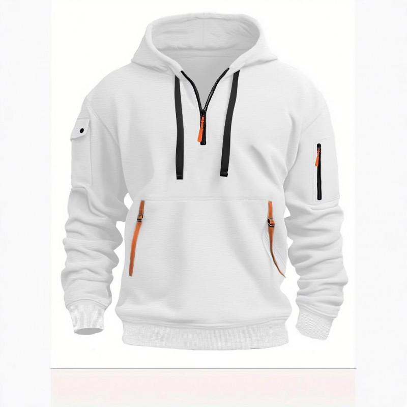 Mens Fleece Hooded Sweatshirt With Zipper Detail Solid Color Casual Long Sleeve Pullover Winter Outerwear