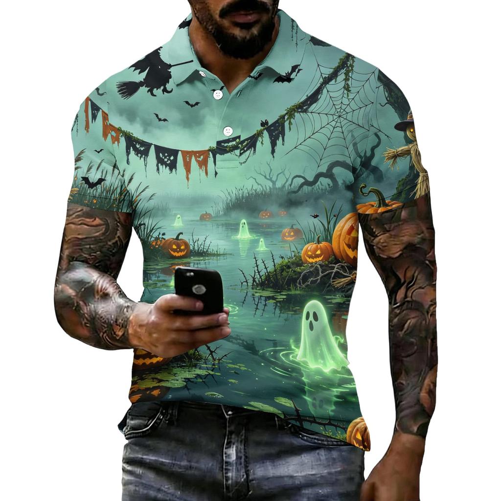 Men's Halloween Print Vintage Texture Short Sleeve Polo Shirt Loose Breathable Summer Sports Street Casual Daily Wear Top