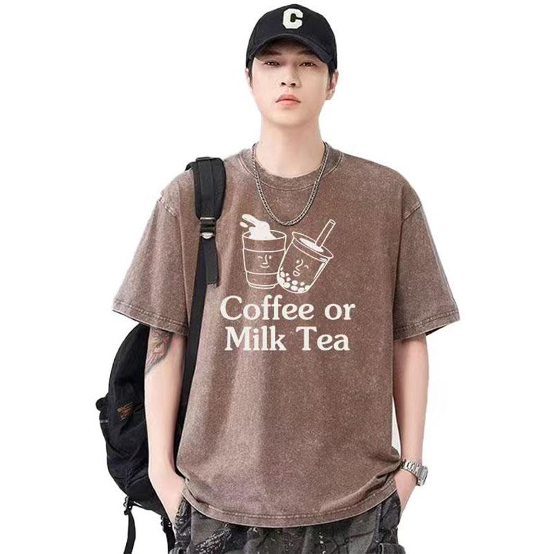 

Unisexs summer shortsleeved g weight coffee milk tea pattern pure cotton pure cotton casual loose Tshirt S