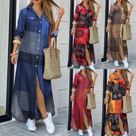 Women Fashion Long Sleeve Printed Pockets Buttons Party Beach Maxi Shirt Dress