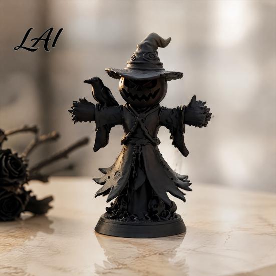 Matte Black Resin Statue Pumpkin Scarecrow with Crow Figurine 3D Printed Gothic Dark Witch Home Decor Hat Jack-o'-Lantern Statue Halloween