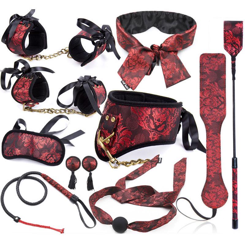 Retro Court Chinese Style Fabric Restraint Set: Foot Cuffs, Gag Ball, Eye Mask, Leash, Collar.