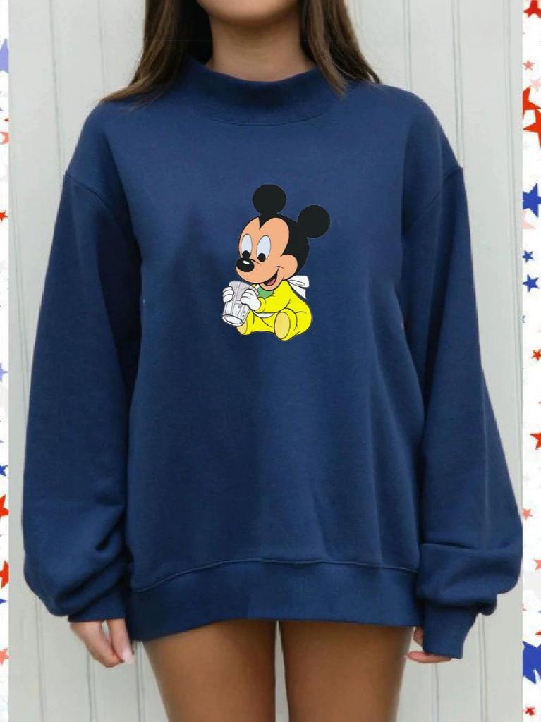 Women's Trendy Heavy-Duty Casual Loose Sweatshirt with Mid-High Neck and Long Sleeves