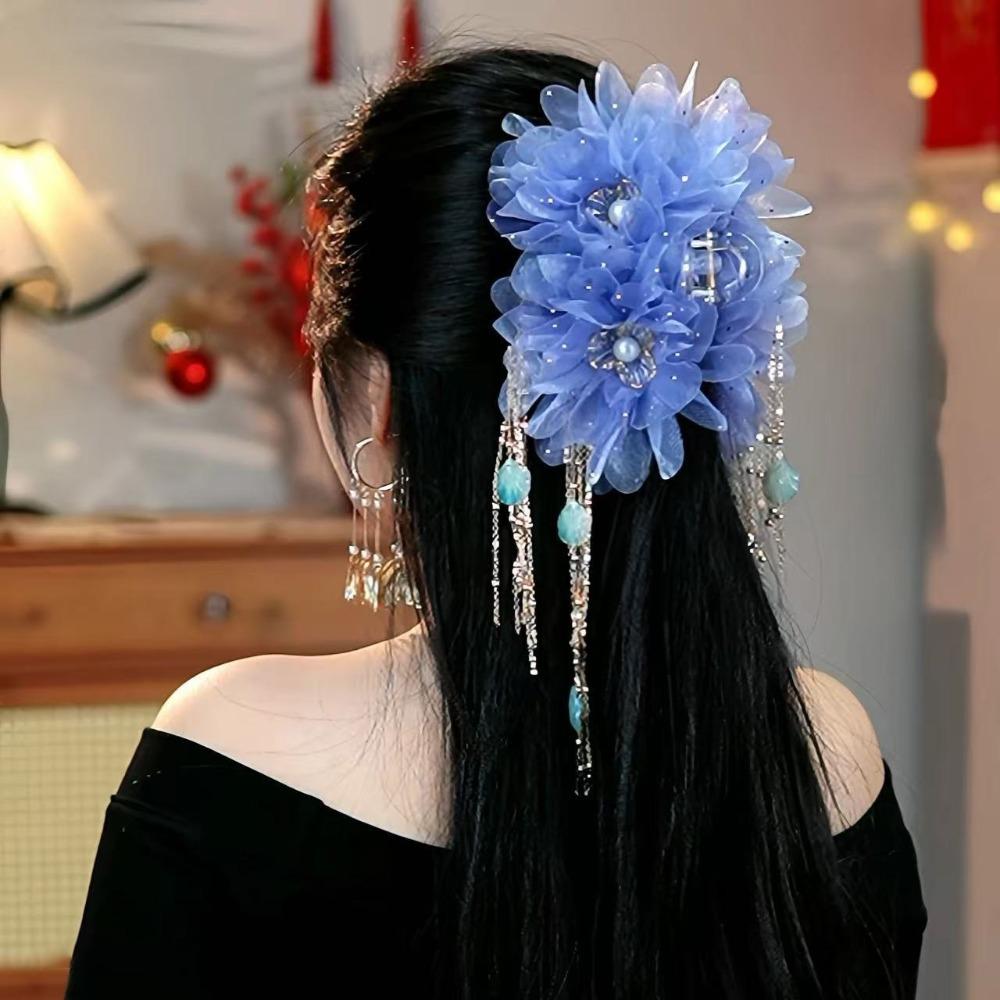 

Mesh Tassel Hair Claw Headwear Flower Claw Clip Fashion Shark Clips Women Girl світло-синій колір