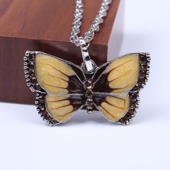 C180 Vintage Oil Drop Painted Inlaid Diamond Butterfly Necklace Alloy Fashion Long Sweater Chain Jewelry