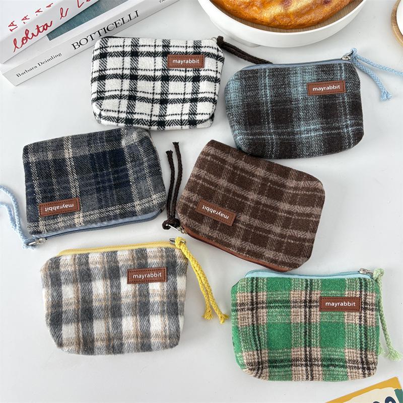 British Style Plaid Wool Coin Purse - Retro Mini Clutch