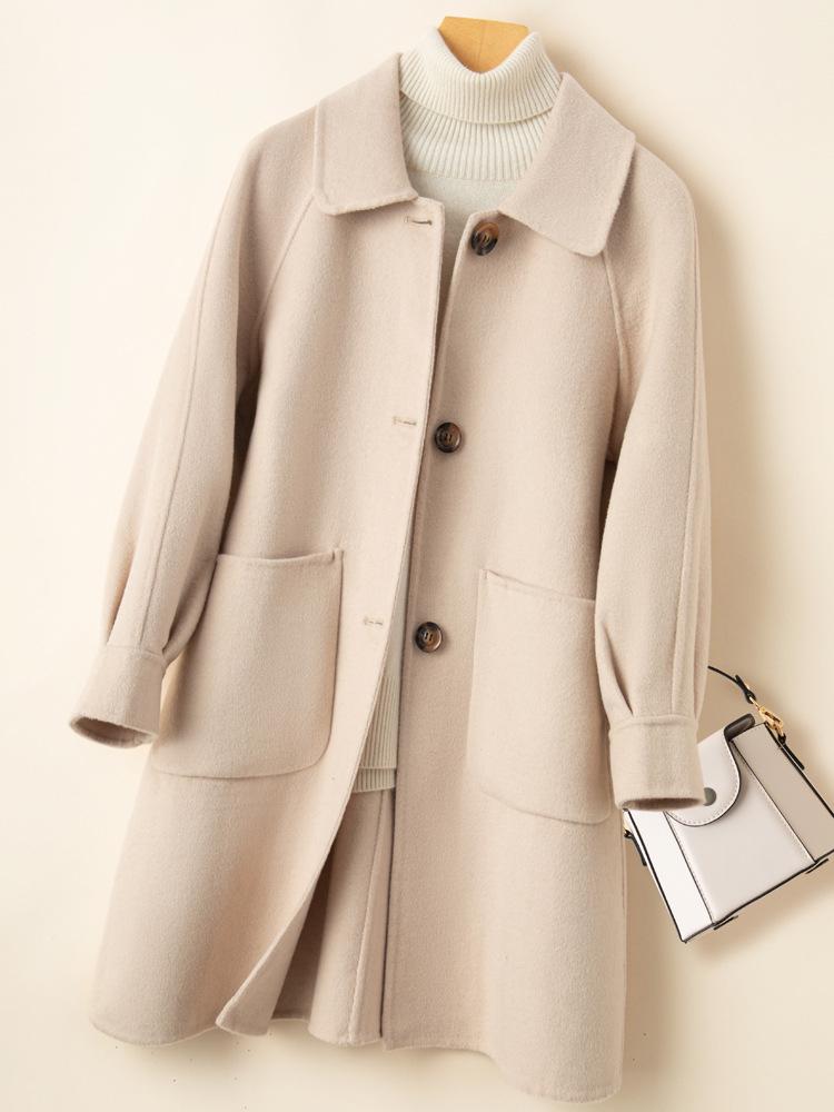 Dámský kašmírový kabát střední délky oboustranný na podzim/zimu - Petite, Čistě ručně šitý, Celovlněný, Zesílený design