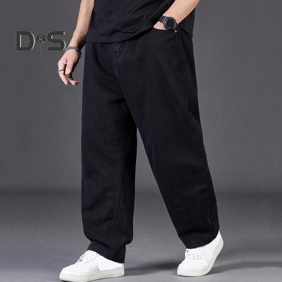 Men Jeans High Waist Solid Color Spliced Denim Pants with Pockets Straight Wide Leg Long Pants Daily Wear