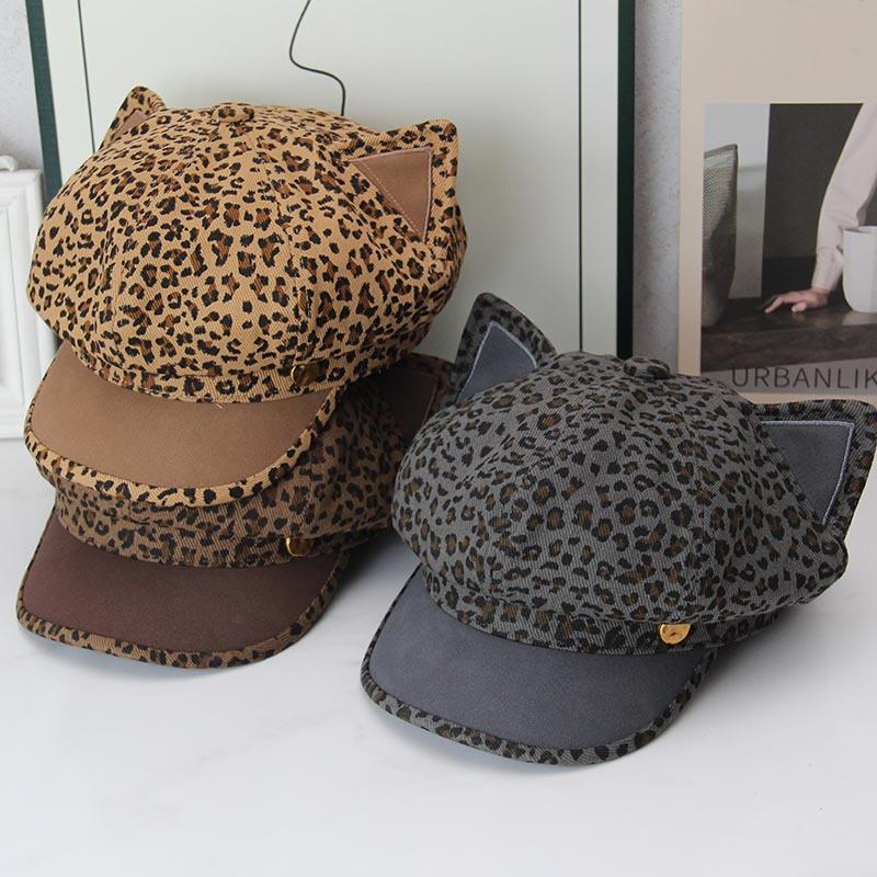 American retro spice girl leopard print octagonal hat women's big head circumference duck tongue newsboy hat European and American cartoon face small