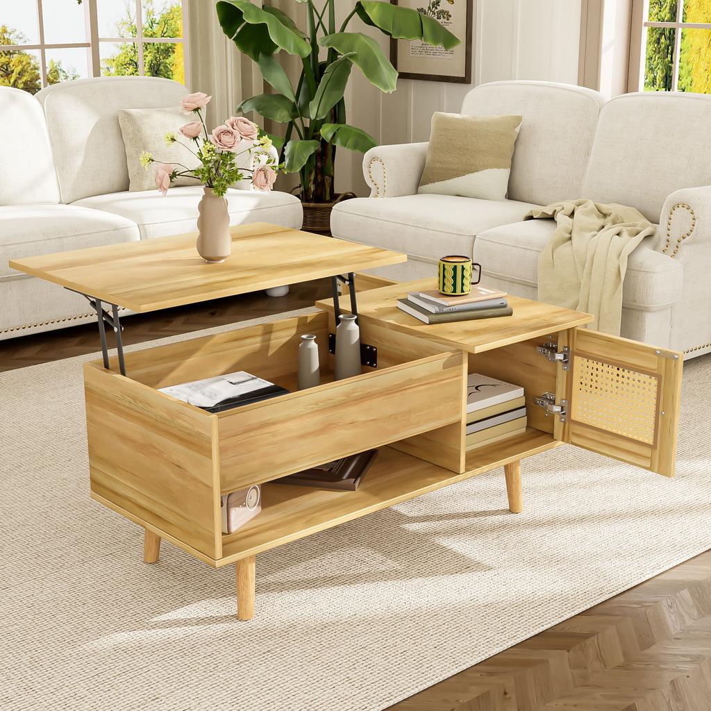 Eleganter Couchtisch mit hochklappbarer Tischplatte und Rattantüren, Holzfarbe mit schwarzen Akzenten, ideal für das Wohnzimmer
